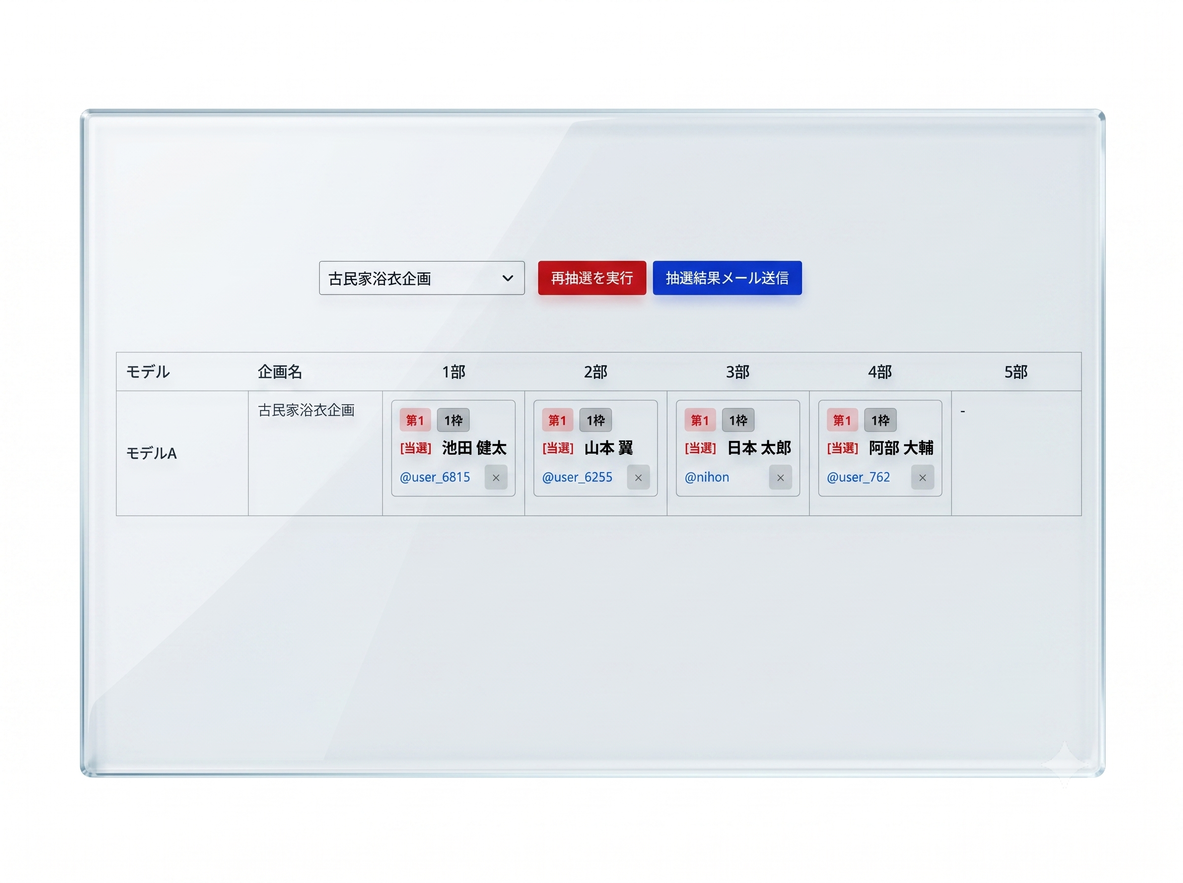 抽選一覧の抽選実行後の画面