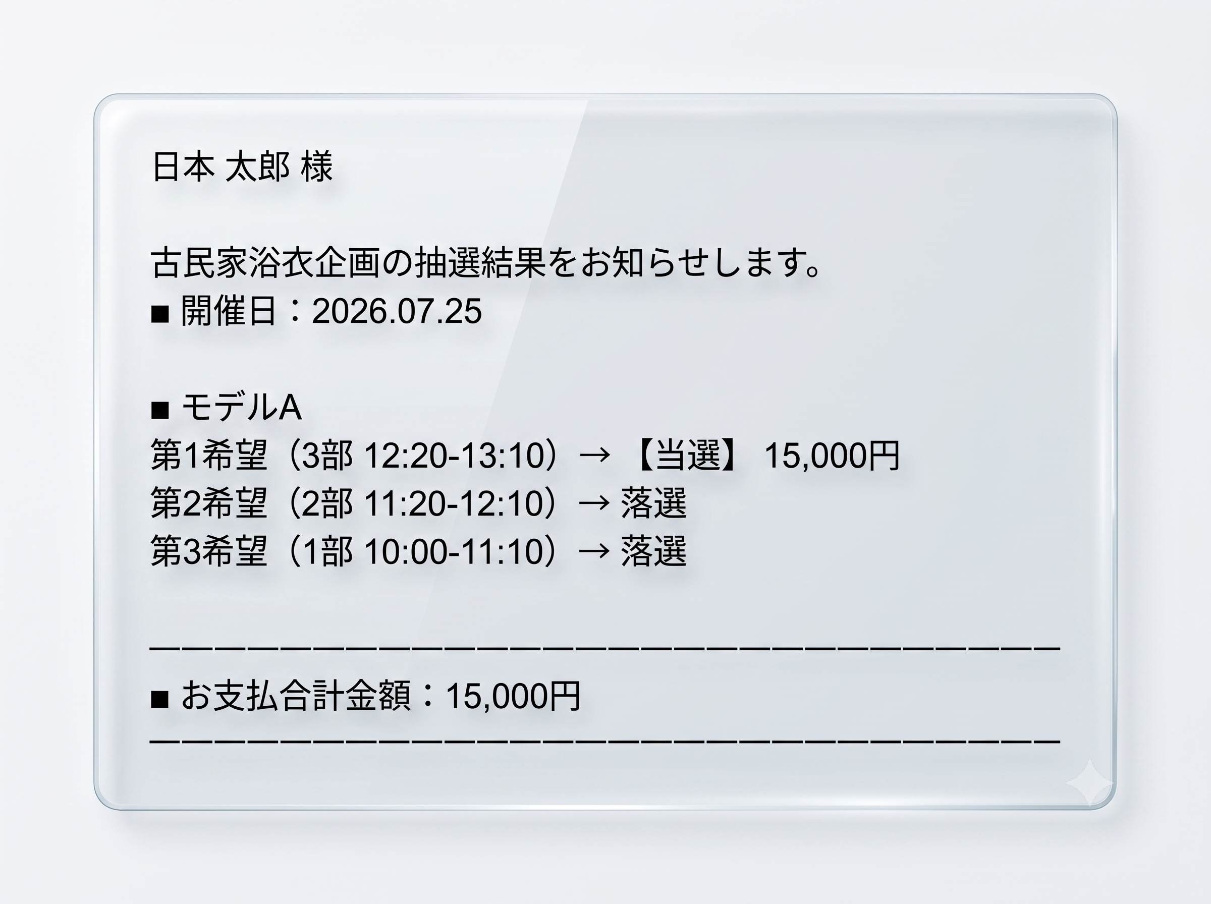 抽選結果が届いたメールの中身